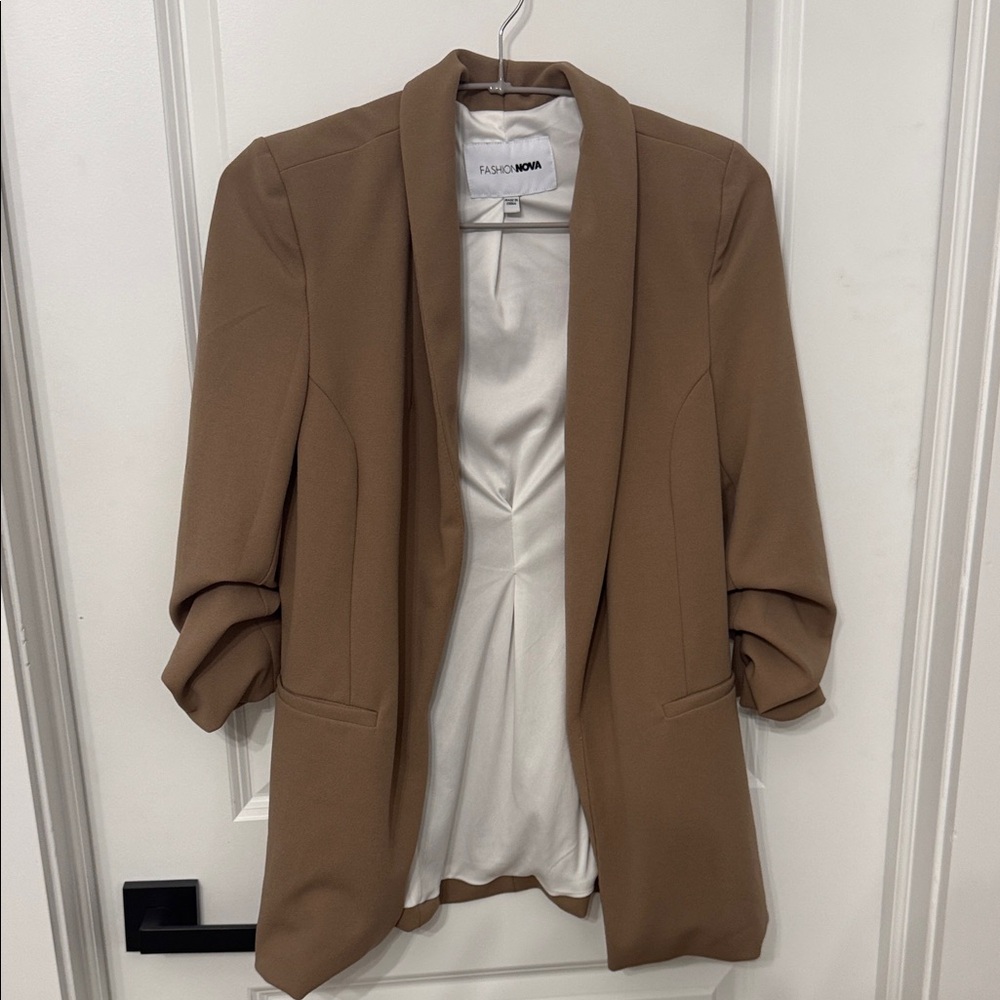 Fashion Nova Camel Open-Front Blazer with Rolled Sleeves